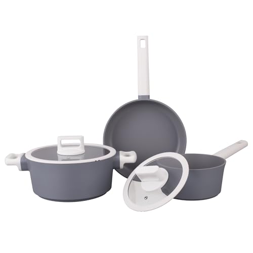 Boreine - Batería de cocina de 5 piezas, lote de sartenes y sartenes con tapas, revestimiento antiadherente de granito sin PFOA, compatible con todas las luces (Inducción, vitrocerámica, gas), gris