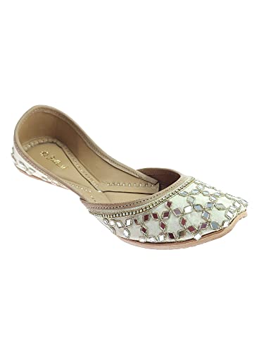 Image of Fulkari Women's Mirror Genuine Soft Leather Juttis | Bite and Pinch Free Jutis | Ladies Punjabi Jutti | Wedding Flat Stylish Mojari | Phulkari Ethnic Flats For Girls |