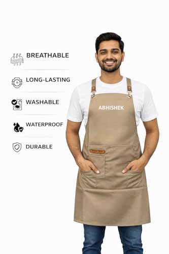 Image of AICA Personalized Name Apron for Kitchen Men & Women| Stylish Leather Adjustable Neck Strap| Front Pockets | Customised Name Waterproof Apron for Kitchen Cooking Resturants Cafes