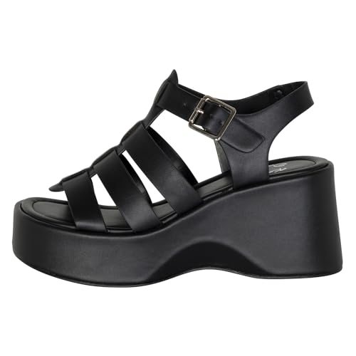 Women’s Strappy Platform Wedge Sandals – Open Toe Chunky Heel Summer Dress Shoes with Buckle Strap – 3 Inch Heel, 1.5 Inch Front Platform – Fashion Comfortable Casual - TUCSON by Kassie Daniela (Black Pu, 8)