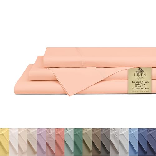 Image of Linen Home 100% Cotton Percale Sheets Twin Size,Tropical Peach, Deep Pocket, 3 Pieces Set - 1 Flat, 1 Deep Pocket Fitted Sheet and 1 Pillowcase, Crisp Cool and Strong Bed Linen