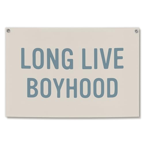 TWRVI Long Live Boyhood Canvas Banner, Kids Wall Decor for Boys Toddler Nursery Room Playroom Bedroom, Blue and Beige Minimalist Wall Hanging Banner Flag, 30x20 Inch