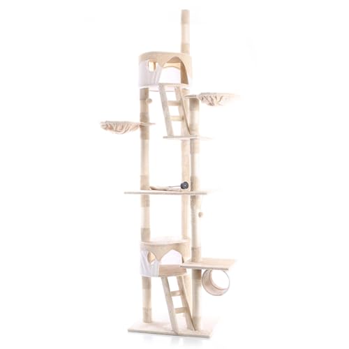 Wiltec Kratzbaum 240-260 cm beige/weiß, Katzenkratzbaum deckenhoch mit Sisal, Kletterbaum für Katzen, Deckenspanner Katzenbaum mit Hängematten