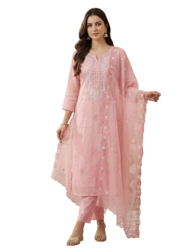 Image of INDO ERA Women's Cotton Blend Solid Straight Kurta with Pant & Dupatta Set