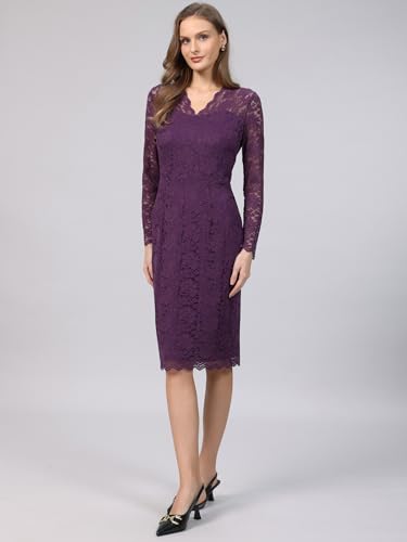 Image of Hobemty Women's Floral Lace Dress V Neck Long Sleeve Cocktail Wedding Bodycon Pencil Dresses