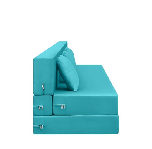 Image of AMATA Instant 3 Seater Foldable Sofa Cum Bed Sky Blue Suede Velvet Fabric with 2 Pillow Perfect for Home Living Office Room and Guests (3 Year Warranty) (Sky Blue, Instant 3 Seater Sofa Cum Bed)