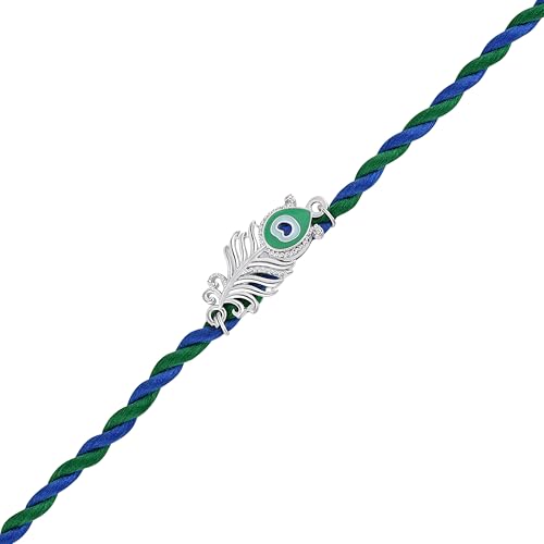 Image of Mahi Peacock-Feather-Theme Rakhi for Brother | Krishna Mor Pankh Design on Blue-Green Braided Thread Rakhi for Brother, Bhaiya, Bhai (PARA1100839PR)