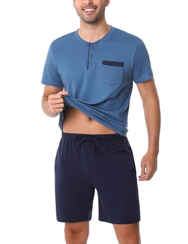Irdcomps Pijama Hombre Verano Algodón Conjunto de Pijamas Manga Corta y Pantalon Pijama Corto Ropa de Dormir 2 Piezas Bolsillos S-XXL（02-Azul Marino，XXL）