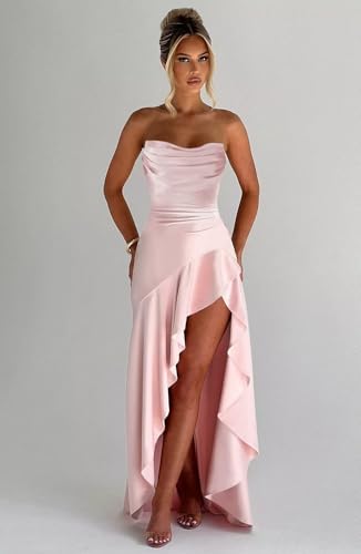 RSOETOO Satin Ruffles Prom Dresses for Teens with Slit Strapless Hi-Low Mermaid Cocktail Dresses for Women RO009X4
