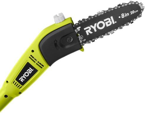 Close-up of RYOBI pole saw head with 8 inch chain and bar