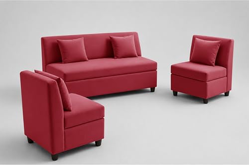 Image of 3+1+1 Modern Velvet Fabric Sofa Set for Living Room | Three Seater Sofa with 2 Single Seater Chairs | for Home, Office| Red