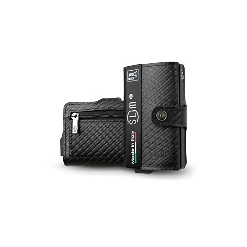 SLim Porta Carte di Credito Schermato Portafoglio Uomo Rfid Portatessere Anticlonazione Donna Portacarte Uomo (Carbon Nero, Con Zip)