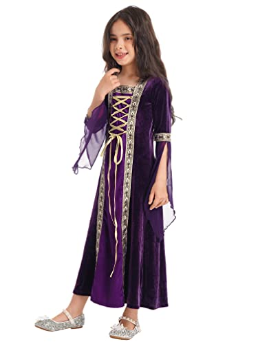 Moily Kids Girls Medieval Renaissance Queen/Princess Victorian Cosplay Costume Bell Sleeve Maxi Dress Purple 10 Years #TOP3