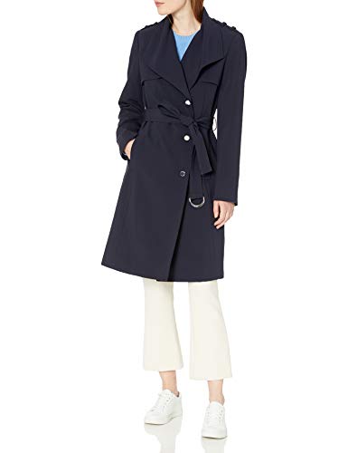 Calvin Klein Womens Belted Double Weave Trench, Navy, S