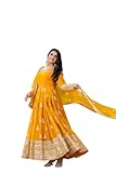 Narayan art and craftFaux Georgette Embroidered Anakali Kurti Gown with Dupatta and Micro Cotton Bottom (Yellow-L)