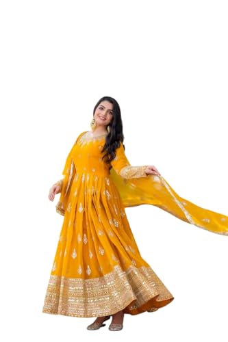 ZOKTRAAWomen's Faux Georgette Embroidered Anakali Kurti Gown with Dupatta and Micro Cotton Bottom (Yellow-XXL)