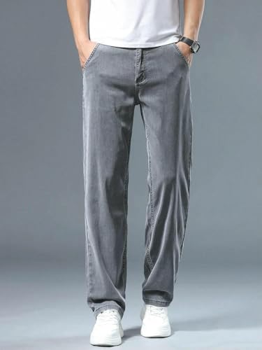 Summer Thin Men's Loose Straight Jeans Lyocell Soft Drape Business Casual Trousers Classic Ice Silk Denim Pants4