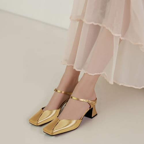 Women's Buckle Strap Square Closed Toe Slip On Block Mule Heels Comfort Dress Party Pumps4