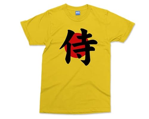 Japanese Samurai Logo Designer T-Shirt - Yellow - M - Japan Flag Kanji Writing Comfort T-Shirt - Japan Gifts - Japanese T-Shirt - Mens Warrior Gym Top - Cotton T-Shirts for Boys