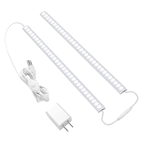 JUSJUBR Plug-in Under Cabinet Lighting, 2pcs 12 Inch Dimmable Closet Light, Cold White 6000K Linkable USB LED Light Bar, Memory Function, Under Counter Lights for Kitchen, Desk, Workspace Cover