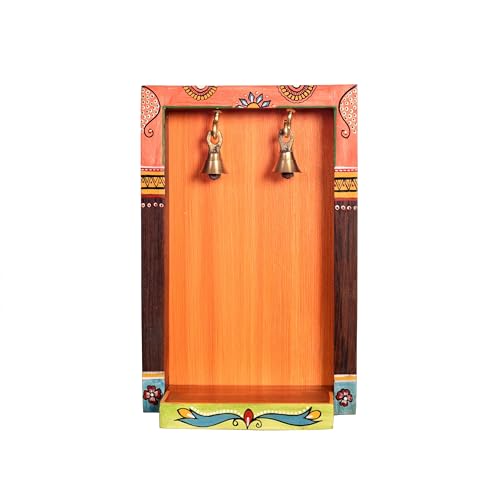 Image of AAKRITI ART CREATIONS Traditional Motif Wooden Bell Wall Decor Frame | Floral Art, Matte Finish | Wooden Wall Shelf Decor for Home