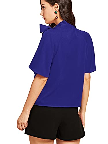 Shein Women's Casual Side Bow Tie Neck Short Sleeve Blouse Shirt Top Medium Royal Blue #TOP2