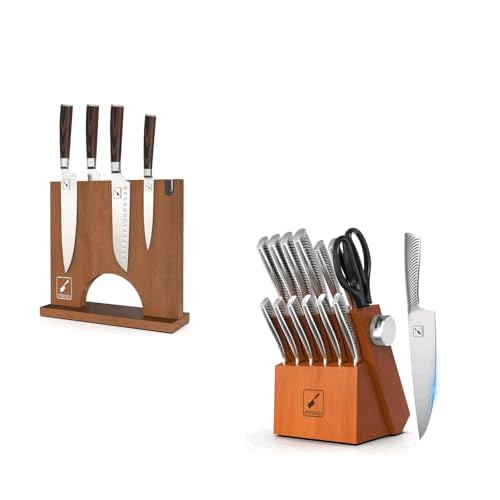 imarku Knife Set with Block for Kitchen, 14PCS High Carbon Stainless Steel Knife Sets & Magnetic Knife Block Holder, Double Sided Kitchen Knife Holder for Counter Top