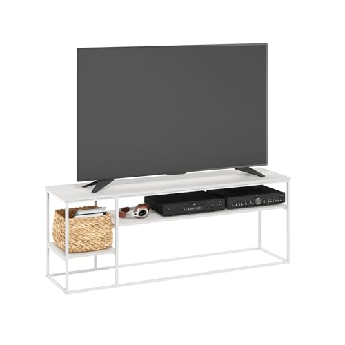 Image of Furinno Moretti TV Stand, 3-Tier Metal Frame Modern Entertainment Center, Open Shelf TV Console for TV up to 60 Inch, for Living Room, Bedroom, Solid White