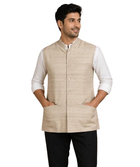 Tasar Gheecha Silk Bandi for Men | Handloom Nehru Jacket | Natural Color | Ethnic Wear | Sizes 38, 40, 42, 44-image-34