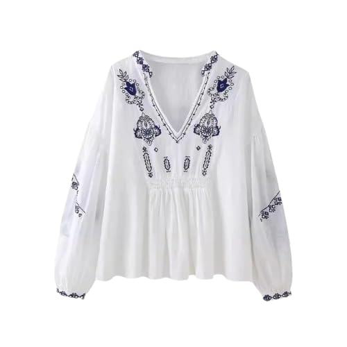 Women Spring Summer Elegant V-Neck Puff Sleeve Blouse Print Embroidered
