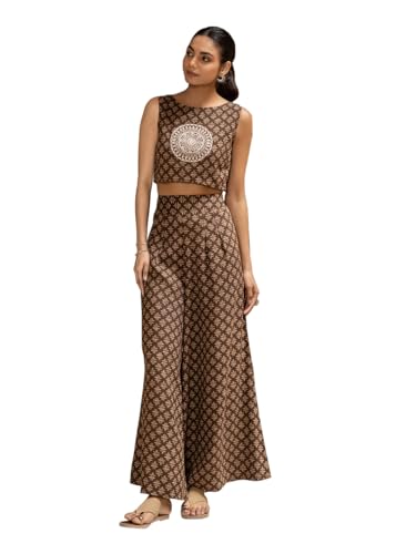 Image of FIORRA Women Cotton Printed Brown Embroidered Co-Ord Set