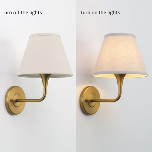 Image of PERMO Wall Sconces Set of 2 Classic Gold Sconce with Linen Lampshade Set of Two Wall Light for Living Room Bedroom Hallway Bathroom Stairs Kitchen