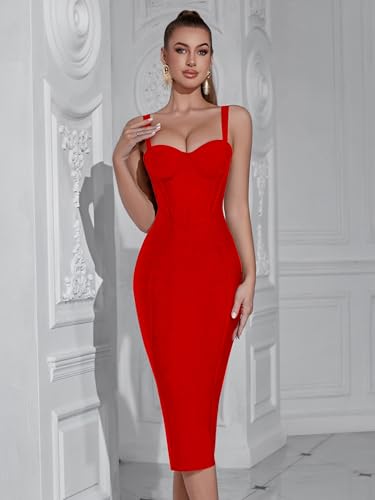 Image of Bandage Womens Formal Dress Spaghetti Strap Bodycon Prom Dress Celebrity Sexy Sleeveless Midi Evening Club Party Wear