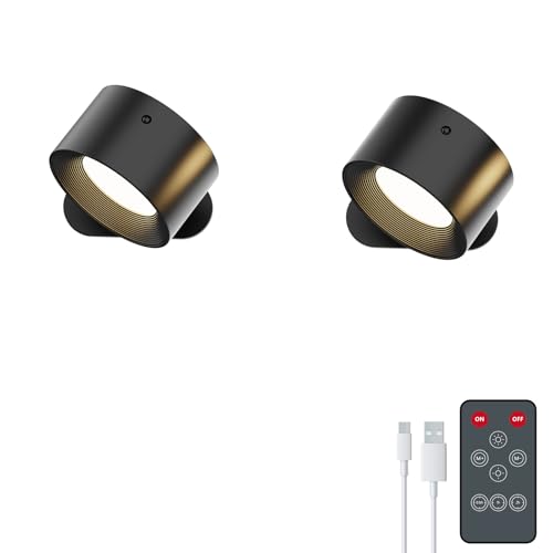 Deyagoo Romote LED Wall Sconce - Rechargeable Wall Light, 3 Colors & 3 Brightness Levels, 360째 Magnetic Rotating Head, Bedside Reading Lamp, Easy Install Battery Operated Wall Lamp Black Pack of 2