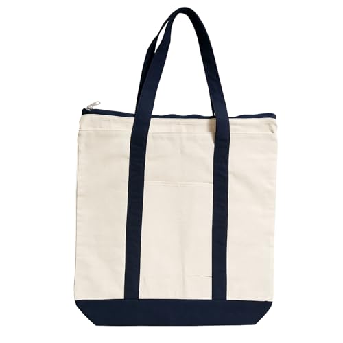 Mayatra's Bolsa de compras elegante de lona com um bolso externo, fecho de zíper superior, itens essenciais diários (preto/natural) (pacote com 1)