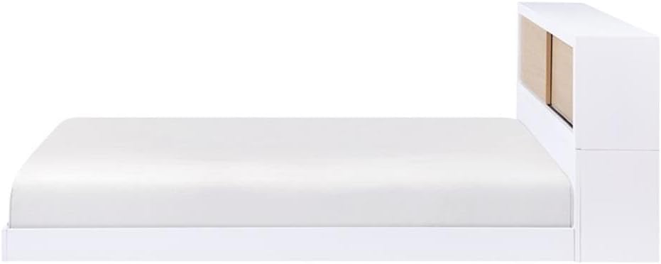 Pemberly Row Wood Full Bookcase Bed, 2-Tone Finish (White and Natural), Pine Veneer and Engineered Wood, USB Ports, Mid-Century Modern, Low-Profile Full-Size Bed for Kids Bedroom