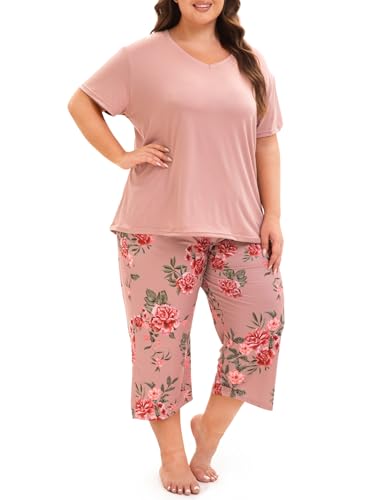 Image of Plus Size Pajamas for Women Set, Womens Plus Size Short Sleeve V Neck Capri Pants Pajama Sets with Pockets