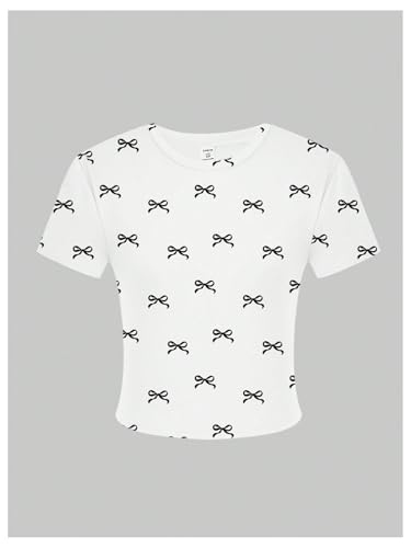SHENHE Girl's Graphic Tee Y2k Bow Shirt Crewneck Short Sleeve Aesthetic Slim Fit Crop Top2