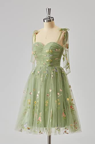 Basgute Flower Embroidery Tulle Short Homecoming Dresses for Teens Mini Spaghetti Straps Formal Prom Evening Party Gown3