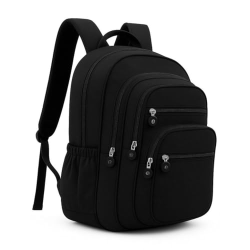 Mochila Feminina Escolar Grande em Nylon Reforçada – Mochila Unissex com Porta Notebook, Múltiplos Bolsos, Impermeável para Escola, Faculdade e Viagem(Preto)