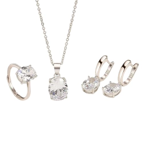New 2026 Arrive Unisex 925 Sterling Silver Elegant Women's Jewelry Sets Ellipse Zircon Ring Necklace Earrings Accessories Juwellery Argent Decoration Luxury Trendy Best For Gift For Women And Men