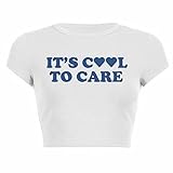 EHSIJAI Camisetas de verano para mujer con texto en inglés 'It's Cool to Care', camiseta de verano corta y ajustada, camisetas tecnológicas para mujer, blanco, L