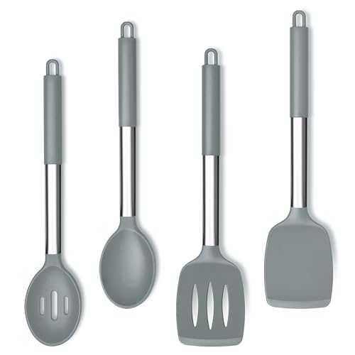 Herogo Kitchen Utensil Set of 4, Silicone Utensil Set with Stainless Steel Handle, Cooking Utensils Set with Non-Stick Heat Resistant Silicone for Cooking/Frying/Draining, Dishwasher Safe - Grey
