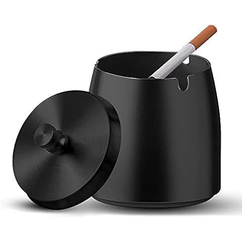 Metal Cigar Ashtray With Lid, Windproof Rainproof Outdoor Cigarette Ashtray, Modern Stainless Steel Ash Tray Large Deep Unbreakable Ashtray for House Outside Garden Indoor Home Office Bar (Black) Cover