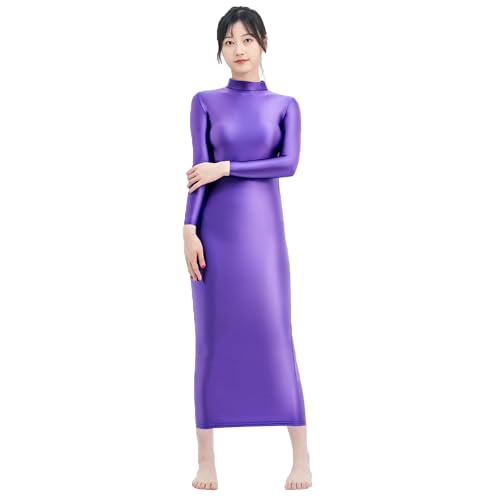 Oil Glossy Hip Dress Elastic Slip Tight Skirt Smooth high Neck Long Sleeve Long Skirt2