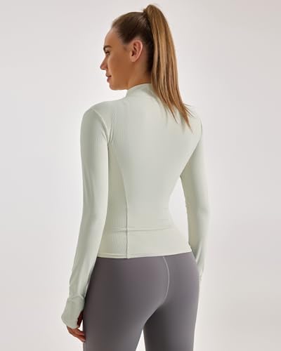 Locachy Jaqueta feminina slim fit, leve, canelada, com zíper, atlética, ioga, corrida, com furos par