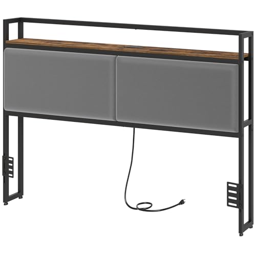 YATINEY King Size Headboard Only, Upholstered King Headboard with Charging Station, Head Board with Open Storage, Height Adjustable, Vintage Style, Sturdy and Stable, Rustic Brown, Gray and Black