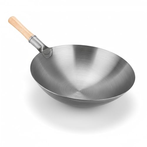 Wok de acero al carbono martillado con mango madera y acero de sarte para freir fondo redondo tradicional (38cm)