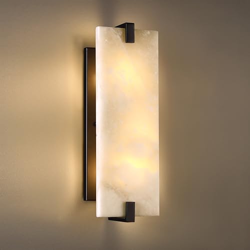 Image of 15.7 inch Natural Square Alabaster Marble Modern Concise 2 Light Wall Sconce Fixture,Black Finish for Bathroom Bedroom Hallway Bedside Staircase Vanity Mirror