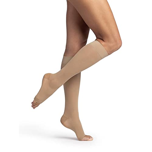 Image of SIGVARIS Women's DYNAVEN Sheer Calf Open-Toe Compression Socks, 20-30mmHg, MS - Medium Short, Beige